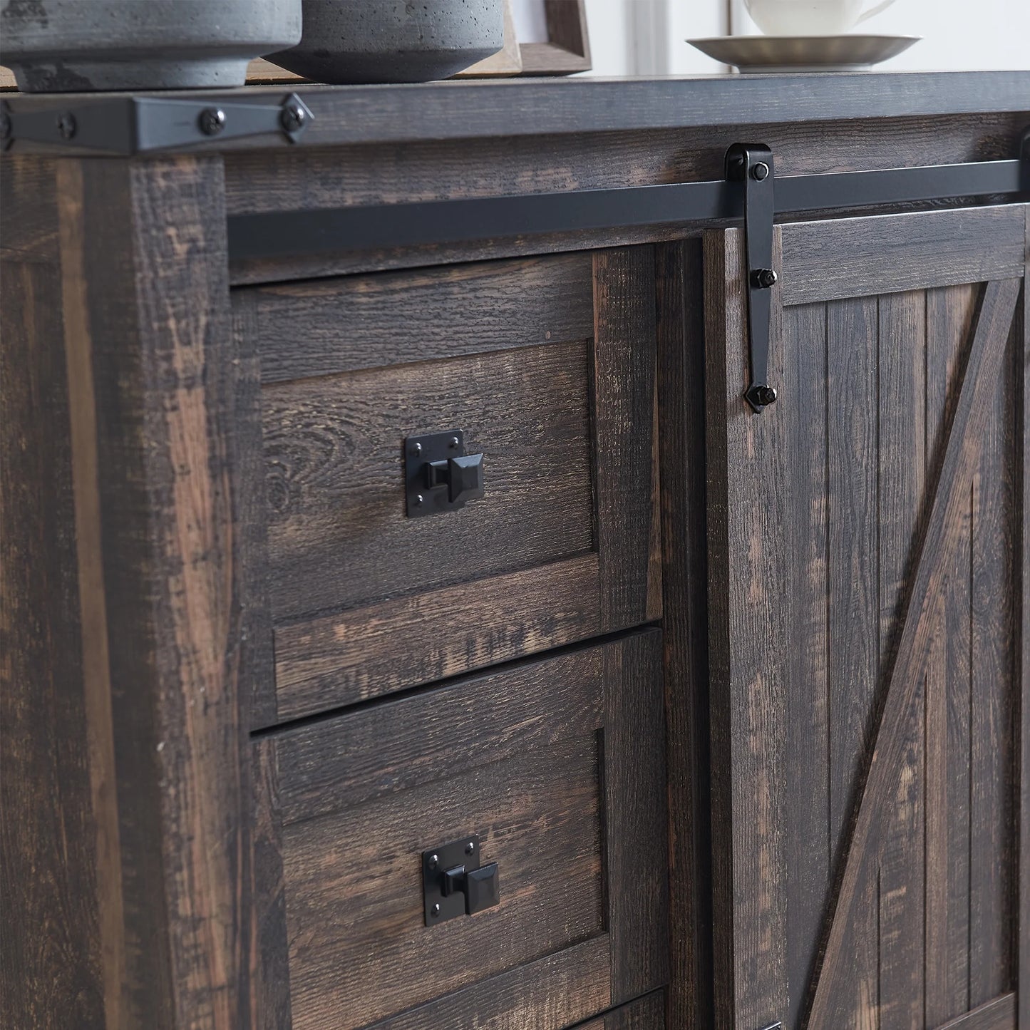 Modern Farmhouse 5-Drawer Dresser with Barn Door, Adjustable Storage Cabinet for Bedroom Living Room, Dark Rustic Oak