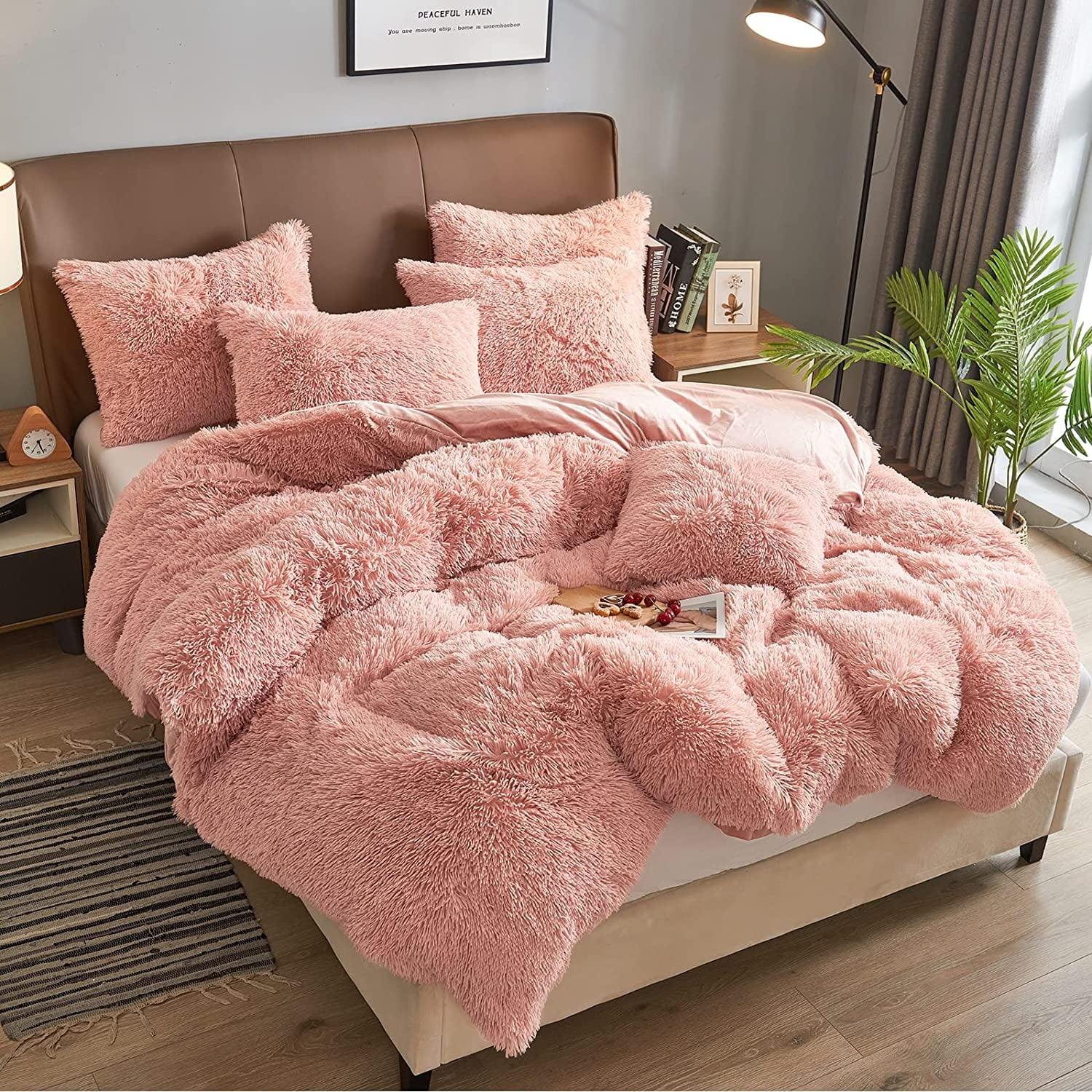 Luxury Fluffy Fuzzy King Bedding Comforter Set?4 Pieces Shaggy Duvet Cover Set?Furry Plush Velvet Comforter Cover with Zip Closure?King?Pink