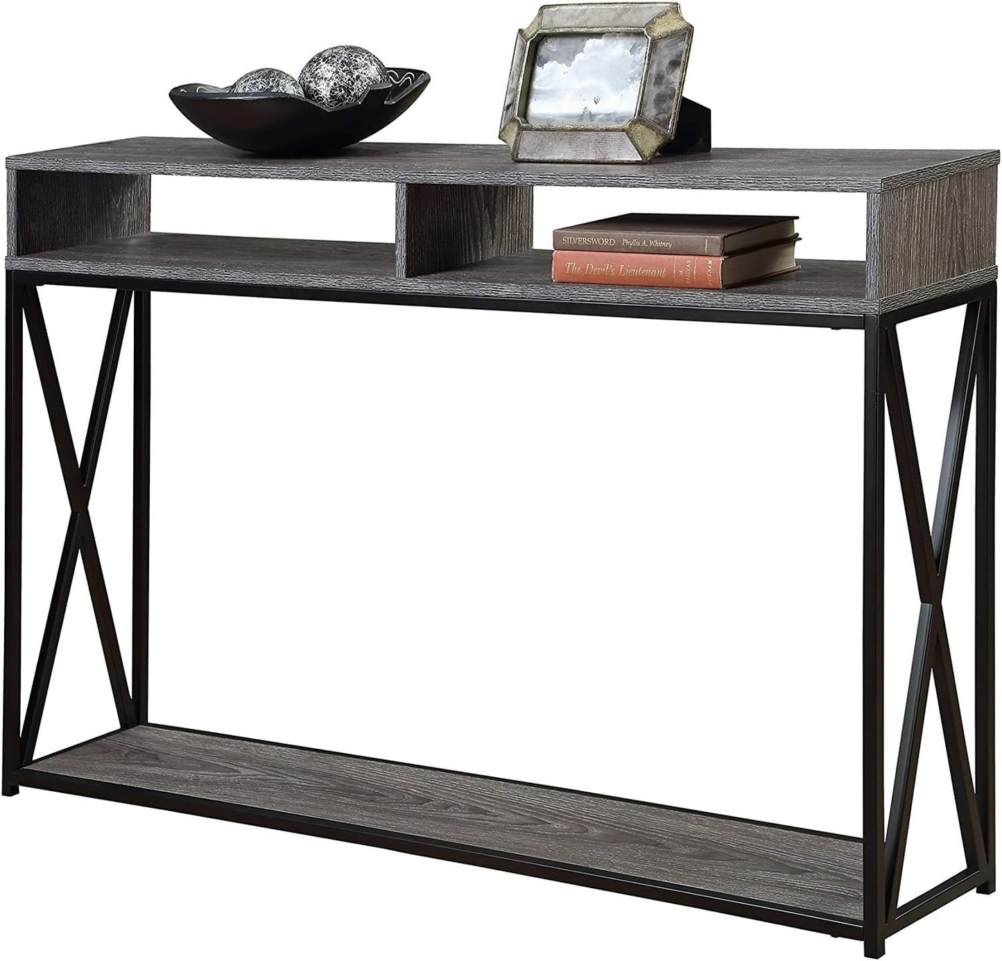 Tucson Deluxe Console Table with Shelf, Weathered Gray/Black