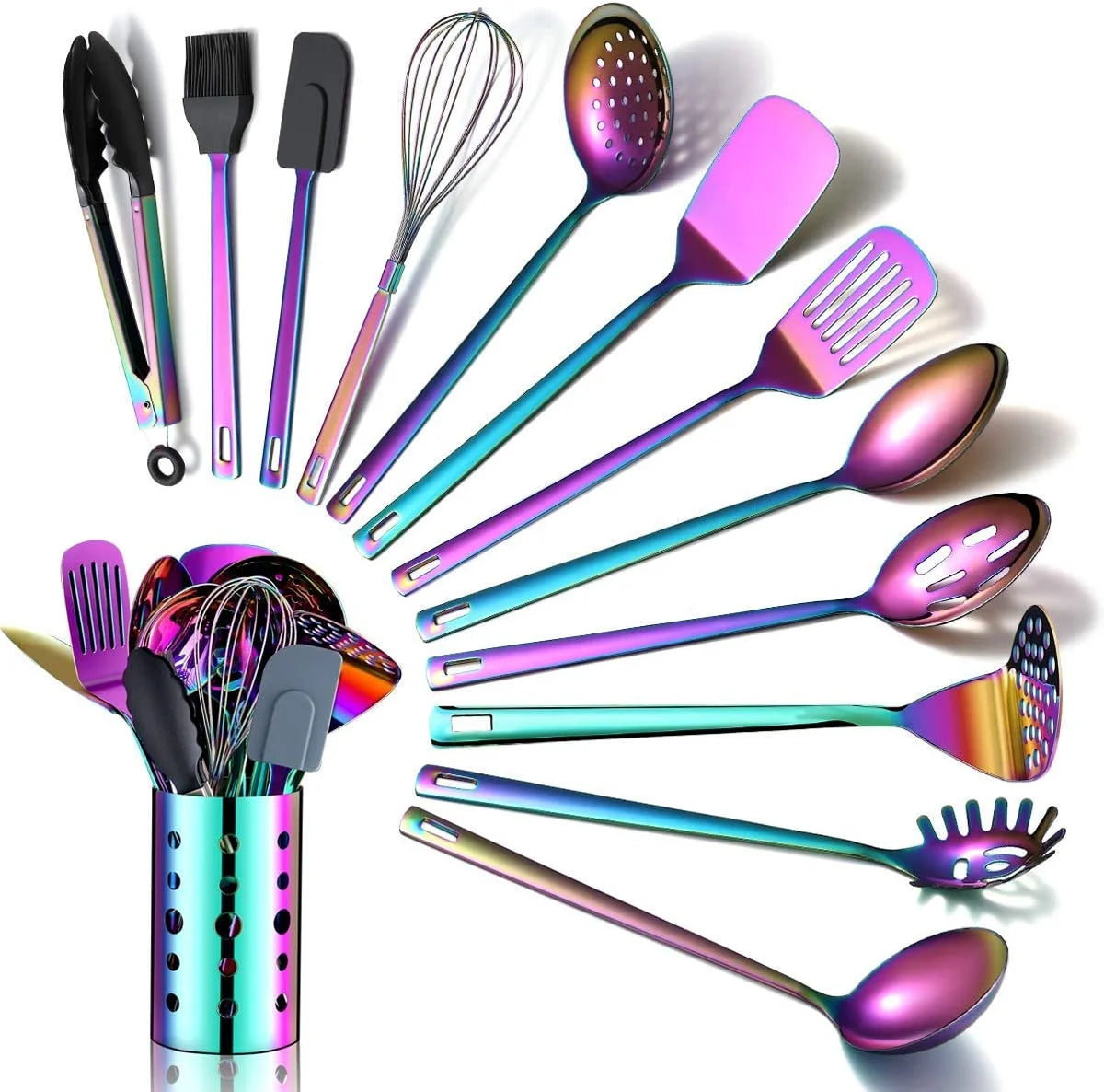 Rainbow Kitchen Utensils Set, 13-Piece Stainless Steel Cooking Utensils Set, Rainbow Cookware Kitchen Set with Utensil Holder for Non-Stick