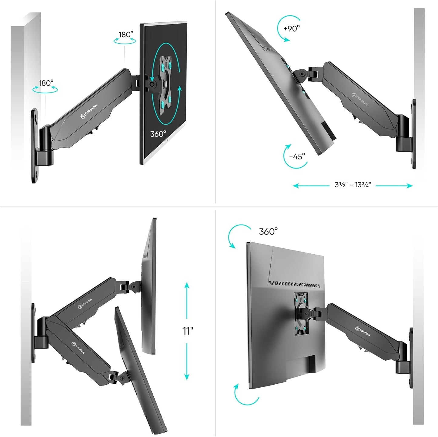 Wall Monitor Arm Single for 13-34 Inch Screen up to 17.6 Lbs, Height Adjustable TV Mount 75X75 & 100X100 VESA Gas Spring Wall Mount Monitor Bracket - Full Motion Monitor Wall Mount Arm Black