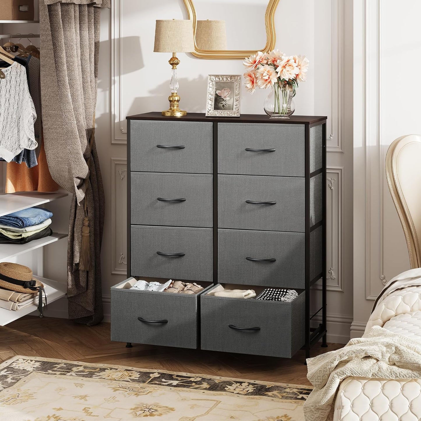 Fabric Dresser for Bedroom, Tall Dresser with 8 Drawers, Storage Tower with Fabric Bins, Double Dresser, Chest of Drawers for Closet, Living Room, Hallway, Dark Gray