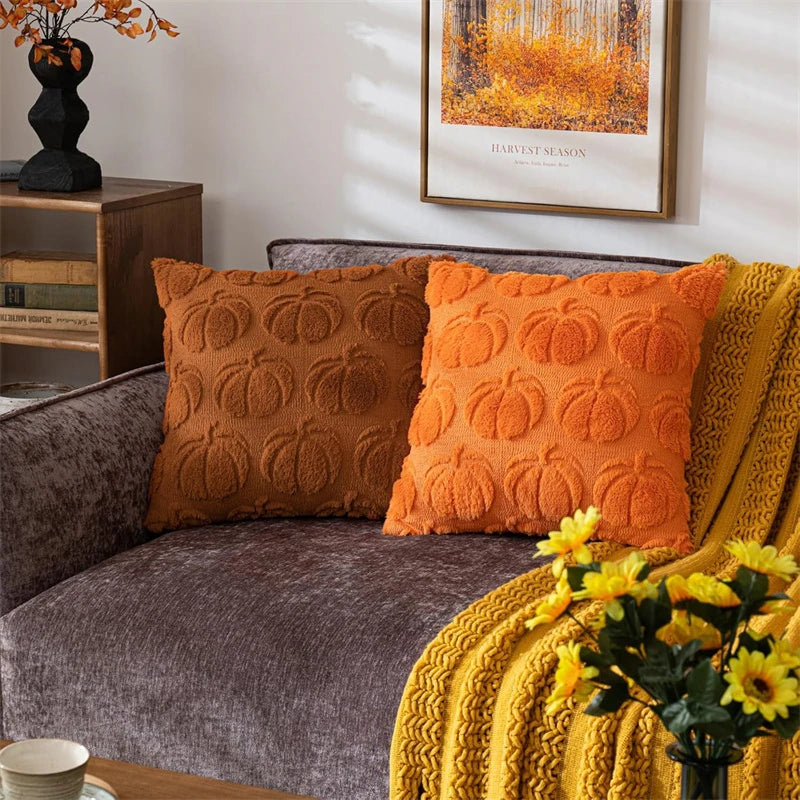 Fall Pillow Covers Fall Decorations Autumn Orange Pumpkin Throw Pillow Cases Soft Plush Faux Fur Wool Couch Cushion Case