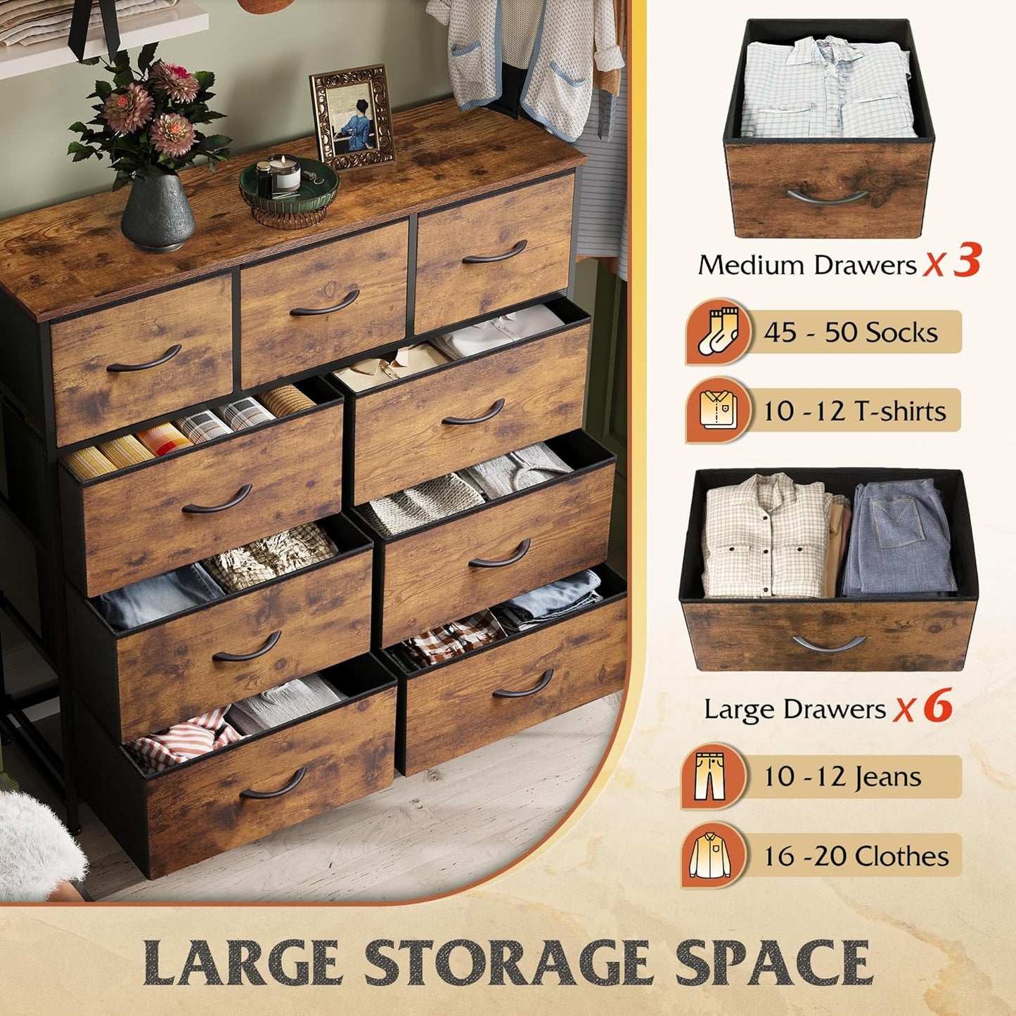 9-Drawer Dresser, Fabric Storage Tower for Bedroom, Hallway, Entryway, Closet, Tall Chest Organizer Unit with Fabric Bins, Steel Frame, Wood Top, Easy Pull Handle, Rustic Brown Wood Grain Print