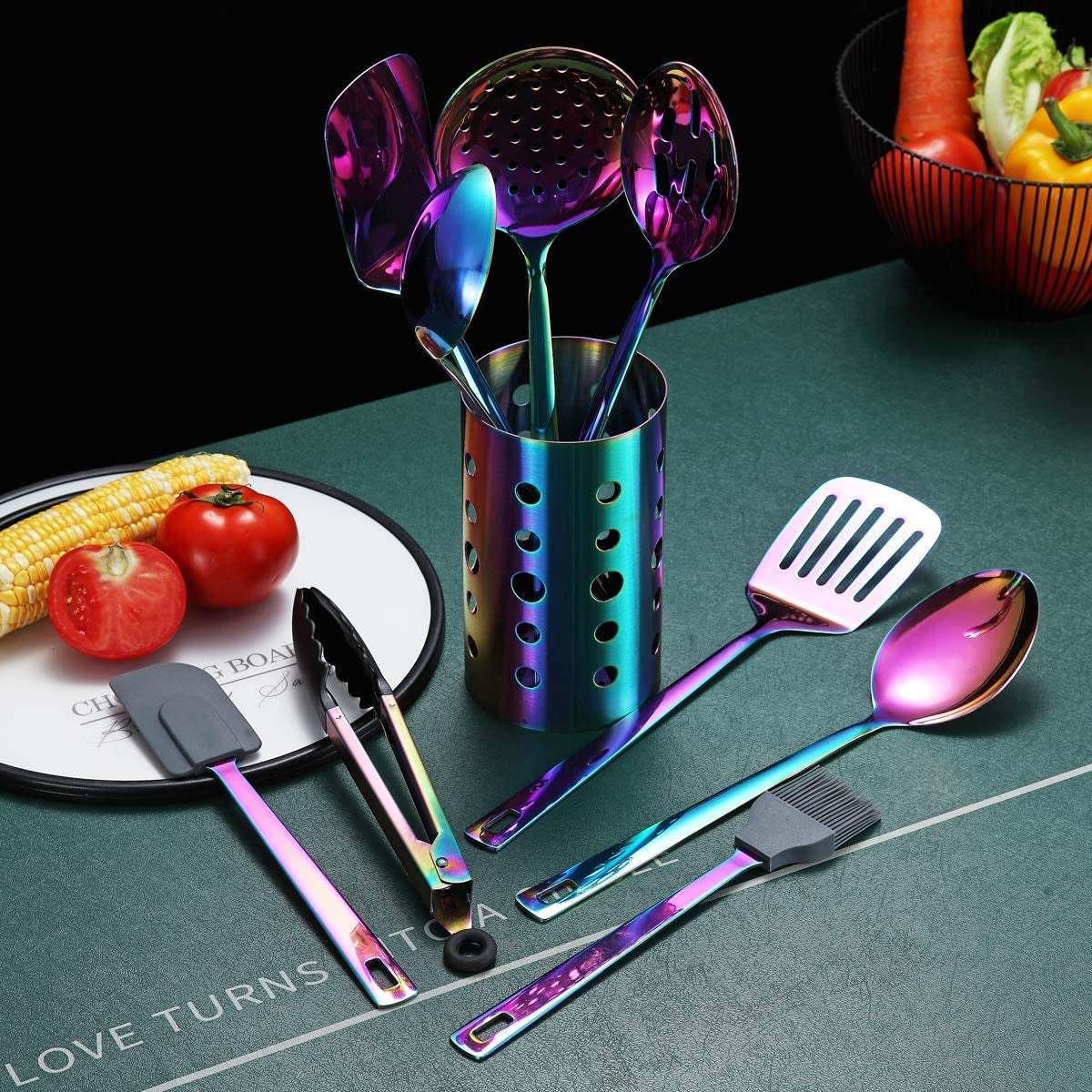 Rainbow Kitchen Utensils Set, 13-Piece Stainless Steel Cooking Utensils Set, Rainbow Cookware Kitchen Set with Utensil Holder for Non-Stick