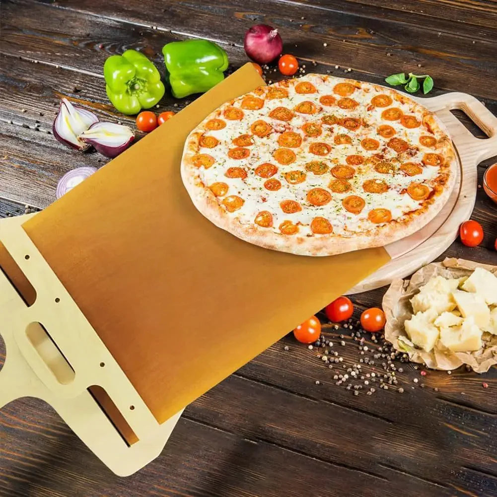 "Non-Stick Sliding Pizza Shovel & Cutting Board - Ultimate Kitchen Gadget for Effortless Pizza Transfer and Storage!"