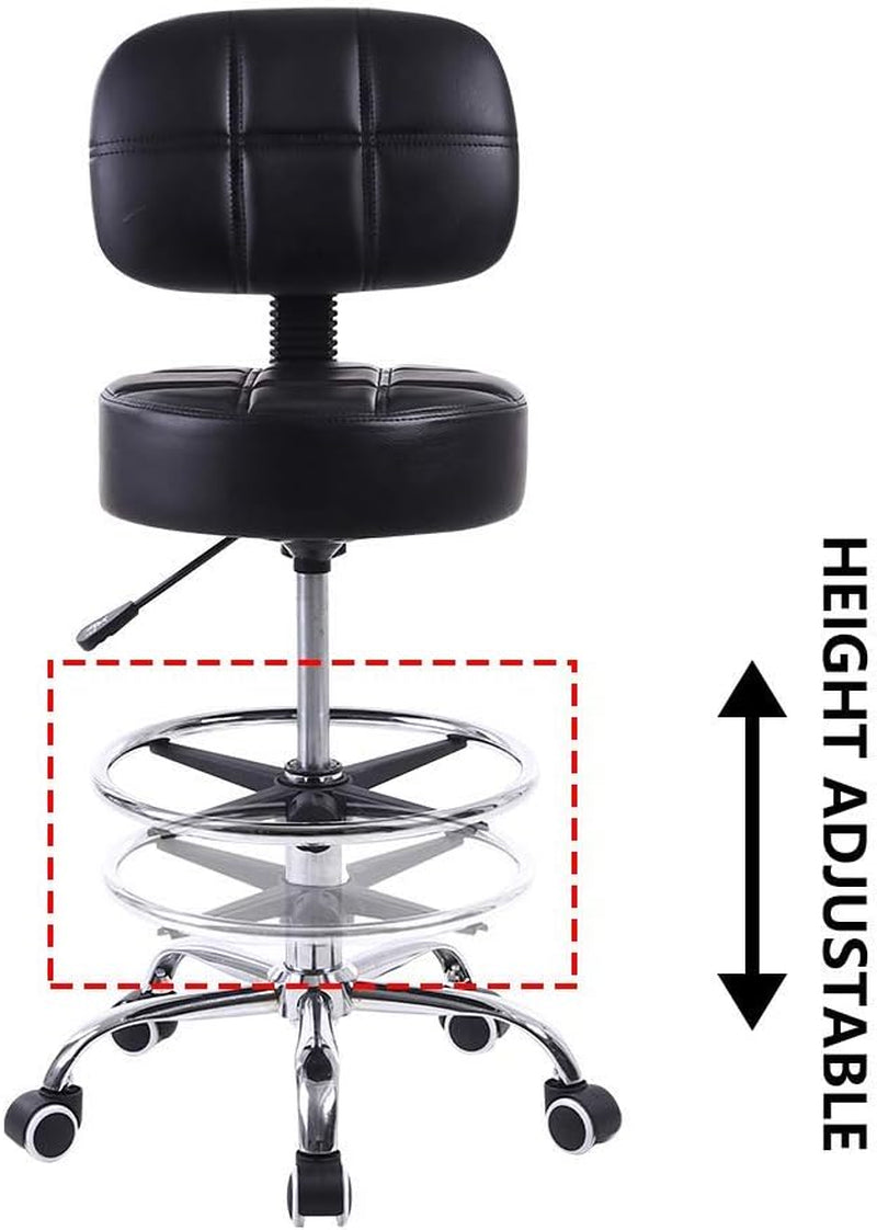 Swivel round Rolling Stool PU Leather with Adjustable Foot Rest Height Adjustable Task Work Drafting Chair with Back (Black)