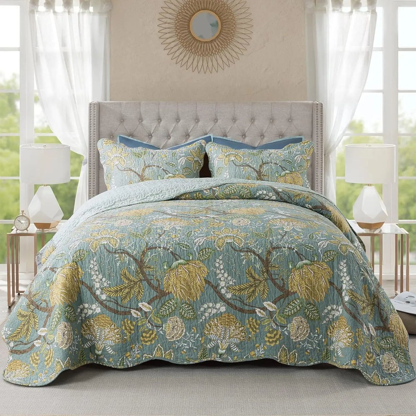 Cotton Bedspread Quilt Sets-Reversible Patchwork Coverlet Set, Green Floral Pattern, Queen Size