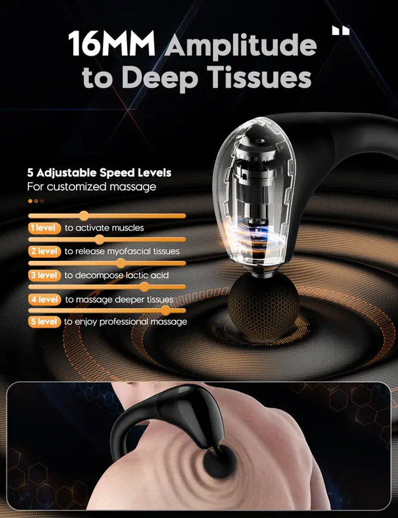 "Ultimate Deep Tissue Massage Hammer - Portable 10MM Massage Gun with Extended Handle, 4 Heads & 5 Speed Levels for Pain Relief in Muscles, Neck, Shoulders, Waist & Legs - Perfect Gift Idea!"