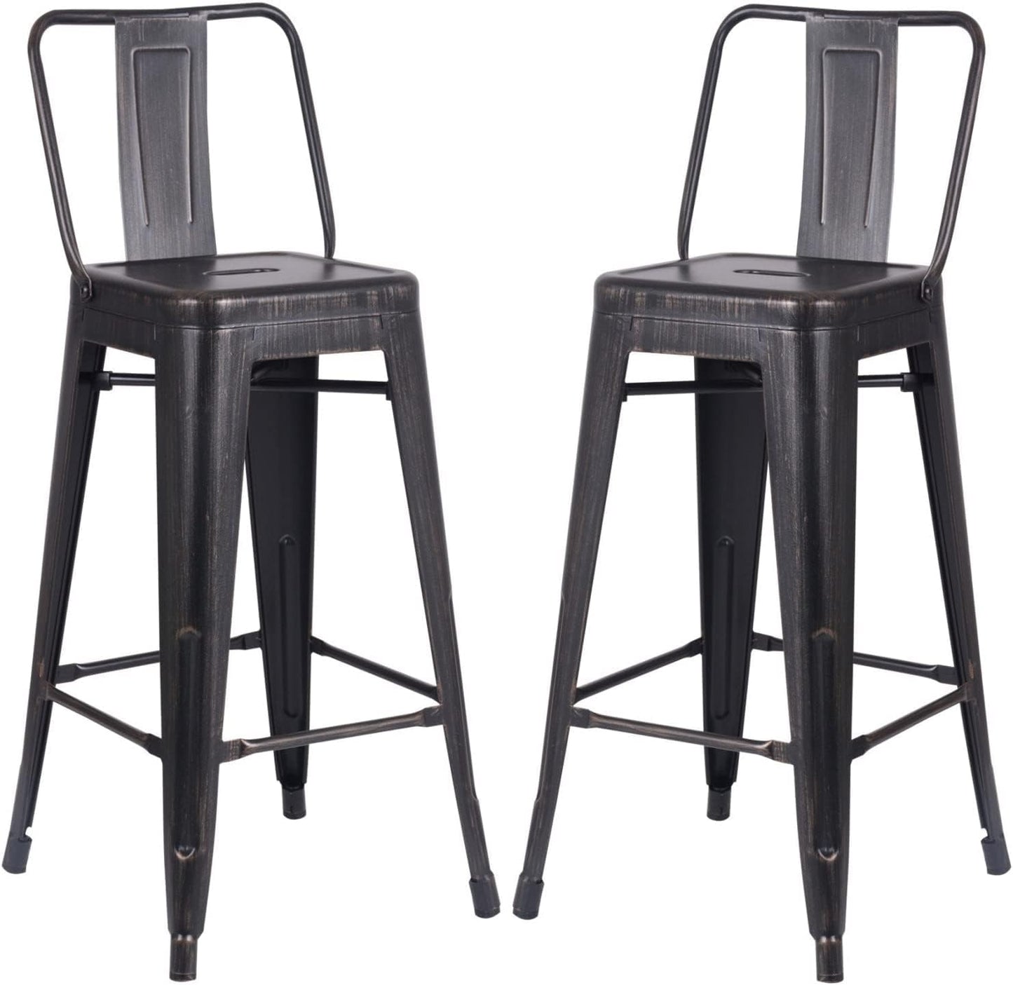 Modern Industrial Metal Bar Stools with Low Back, Matte Finish and Rubber Leg Caps, Kitchen Counter Chairs Set of 2, Contemporary Countertop Accent Seat 30" Seat, Distressed Ebony Black