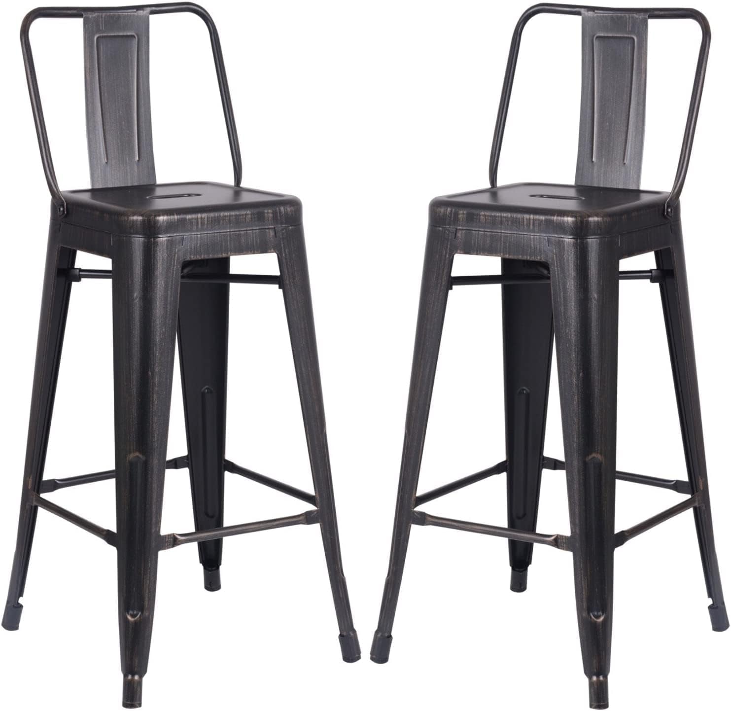 Modern Industrial Metal Bar Stools with Low Back, Matte Finish and Rubber Leg Caps, Kitchen Counter Chairs Set of 2, Contemporary Countertop Accent Seat 30" Seat, Distressed Ebony Black