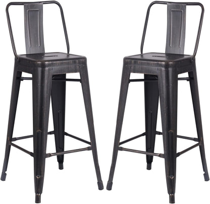 Modern Industrial Metal Bar Stools with Low Back, Matte Finish and Rubber Leg Caps, Kitchen Counter Chairs Set of 2, Contemporary Countertop Accent Seat 30" Seat, Distressed Ebony Black