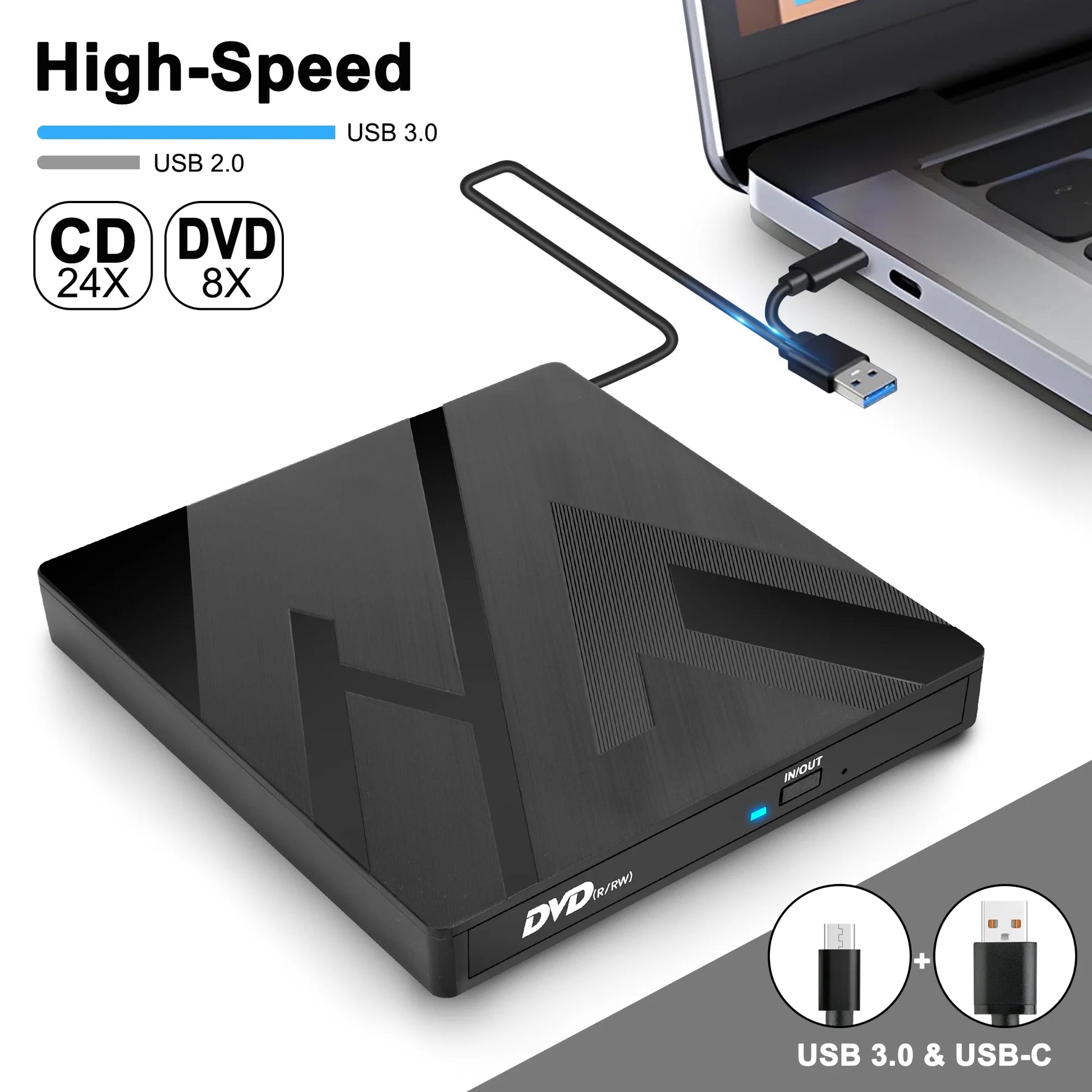 External CD DVD Drive for Laptop,  8-In-1 USB Optical Disk Drive Reader Writer Burner Fit for Desktop PC Windows