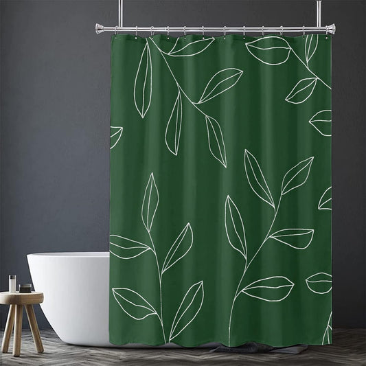 Green Plant Shower Curtain White Leaf Branches Fabric Shower Curtains Waterproof Minimalist Decorative Bathroom Hotel Decor with Hooks, 72 X 72 Inches