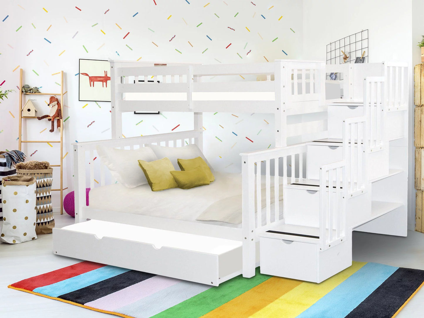 Stairway Bunk Beds Twin over Full with 4 Drawers in the Steps and a Full Trundle, White