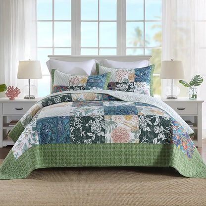 Cotton Bedspread Quilt Sets-Reversible Patchwork Coverlet Set, Green Floral Pattern, Queen Size