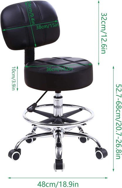 Swivel round Rolling Stool PU Leather with Adjustable Foot Rest Height Adjustable Task Work Drafting Chair with Back (Black)