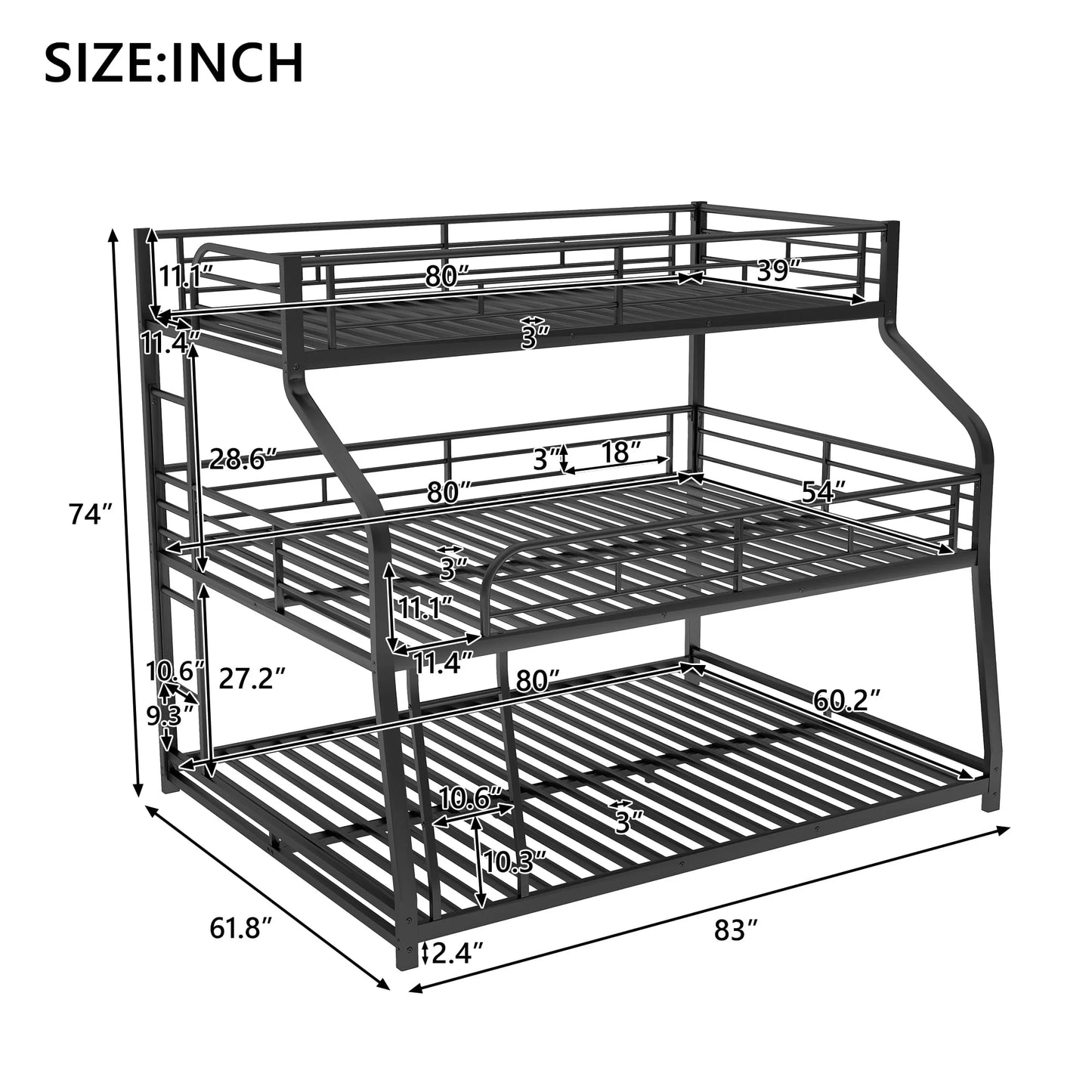 Metal Triple Bunk Bed, Twin XL over Full XL over Queen with Ladder, Black