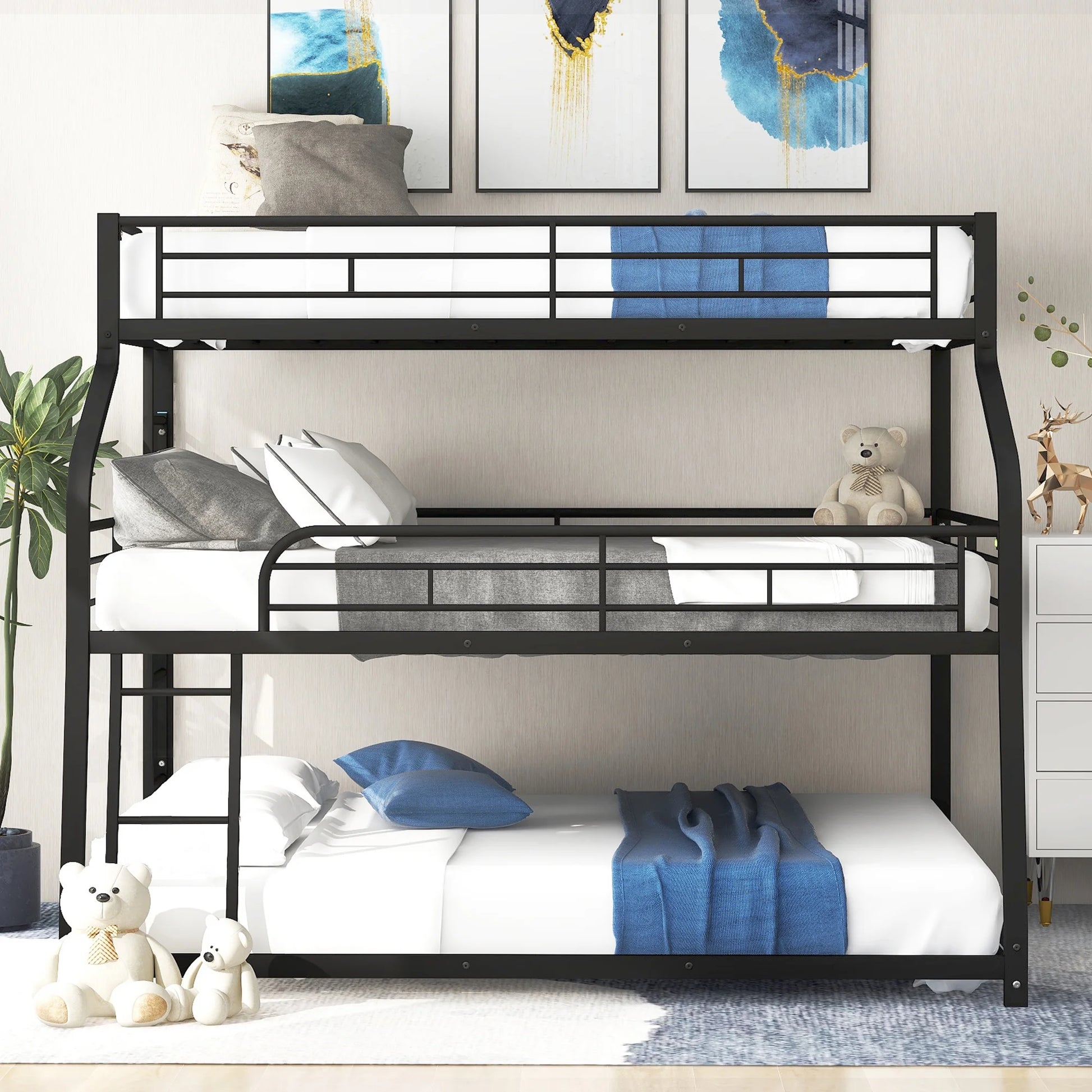 Metal Triple Bunk Bed, Twin XL over Full XL over Queen with Ladder, Black