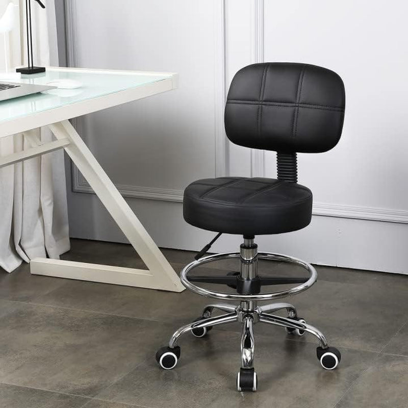 Swivel round Rolling Stool PU Leather with Adjustable Foot Rest Height Adjustable Task Work Drafting Chair with Back (Black)