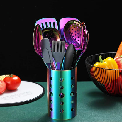 Rainbow Kitchen Utensils Set, 13-Piece Stainless Steel Cooking Utensils Set, Rainbow Cookware Kitchen Set with Utensil Holder for Non-Stick