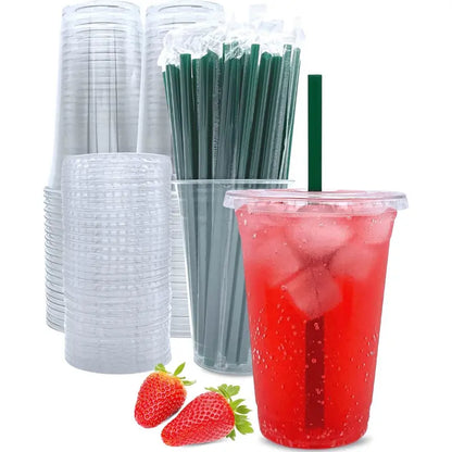 "Premium 20 Oz Clear Plastic Cups with Lids & Straws - 25 Disposable Coffee Cup Sets for On-the-Go Convenience!"