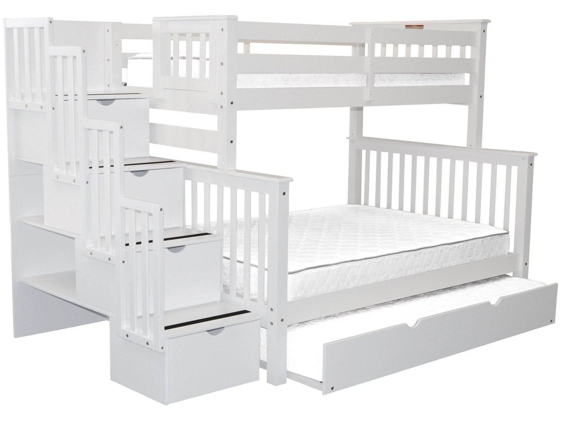 Stairway Bunk Beds Twin over Full with 4 Drawers in the Steps and a Full Trundle, White