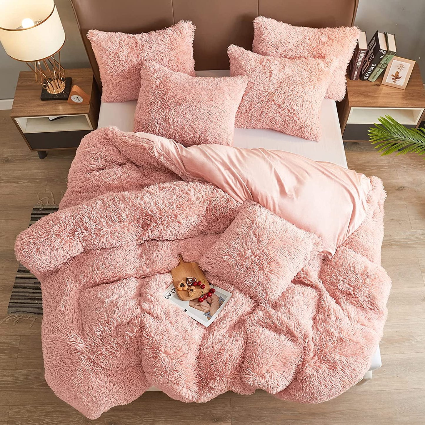 Luxury Fluffy Fuzzy King Bedding Comforter Set?4 Pieces Shaggy Duvet Cover Set?Furry Plush Velvet Comforter Cover with Zip Closure?King?Pink