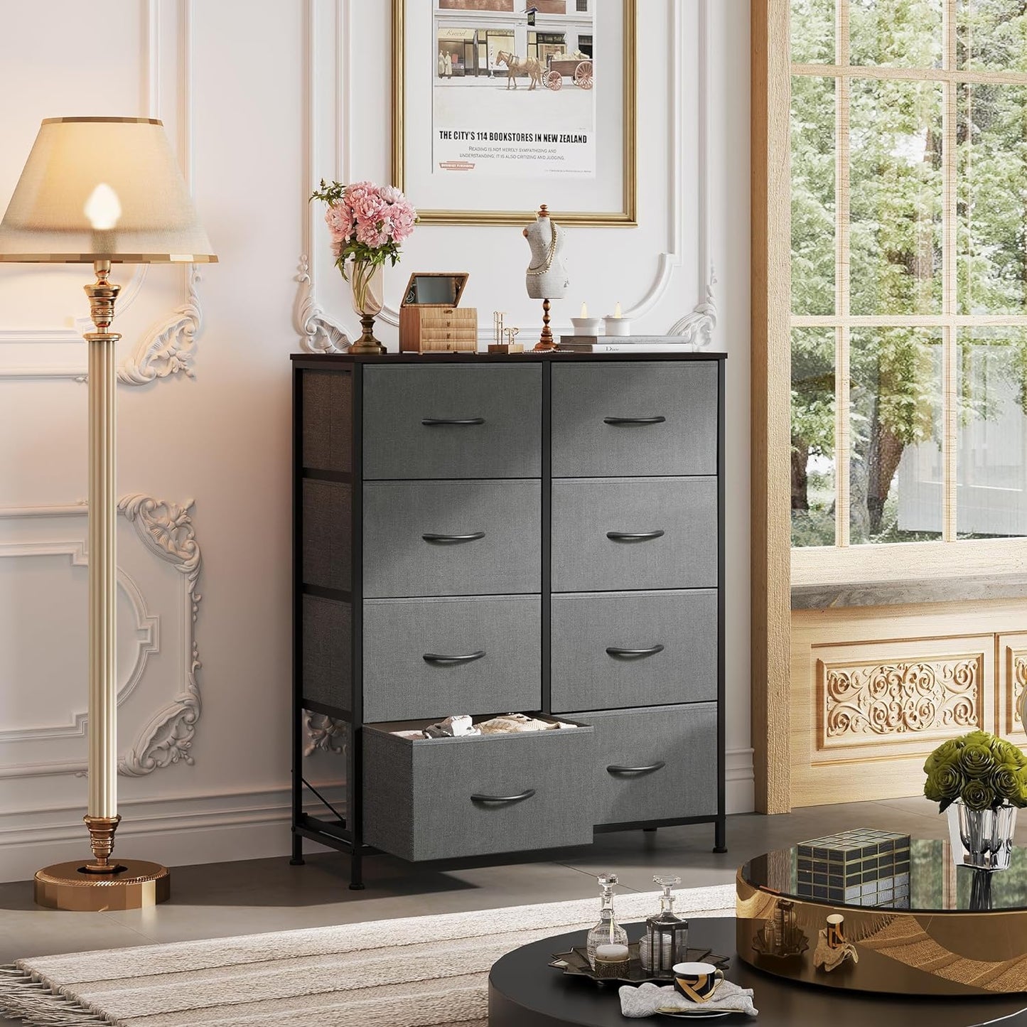 Fabric Dresser for Bedroom, Tall Dresser with 8 Drawers, Storage Tower with Fabric Bins, Double Dresser, Chest of Drawers for Closet, Living Room, Hallway, Dark Gray