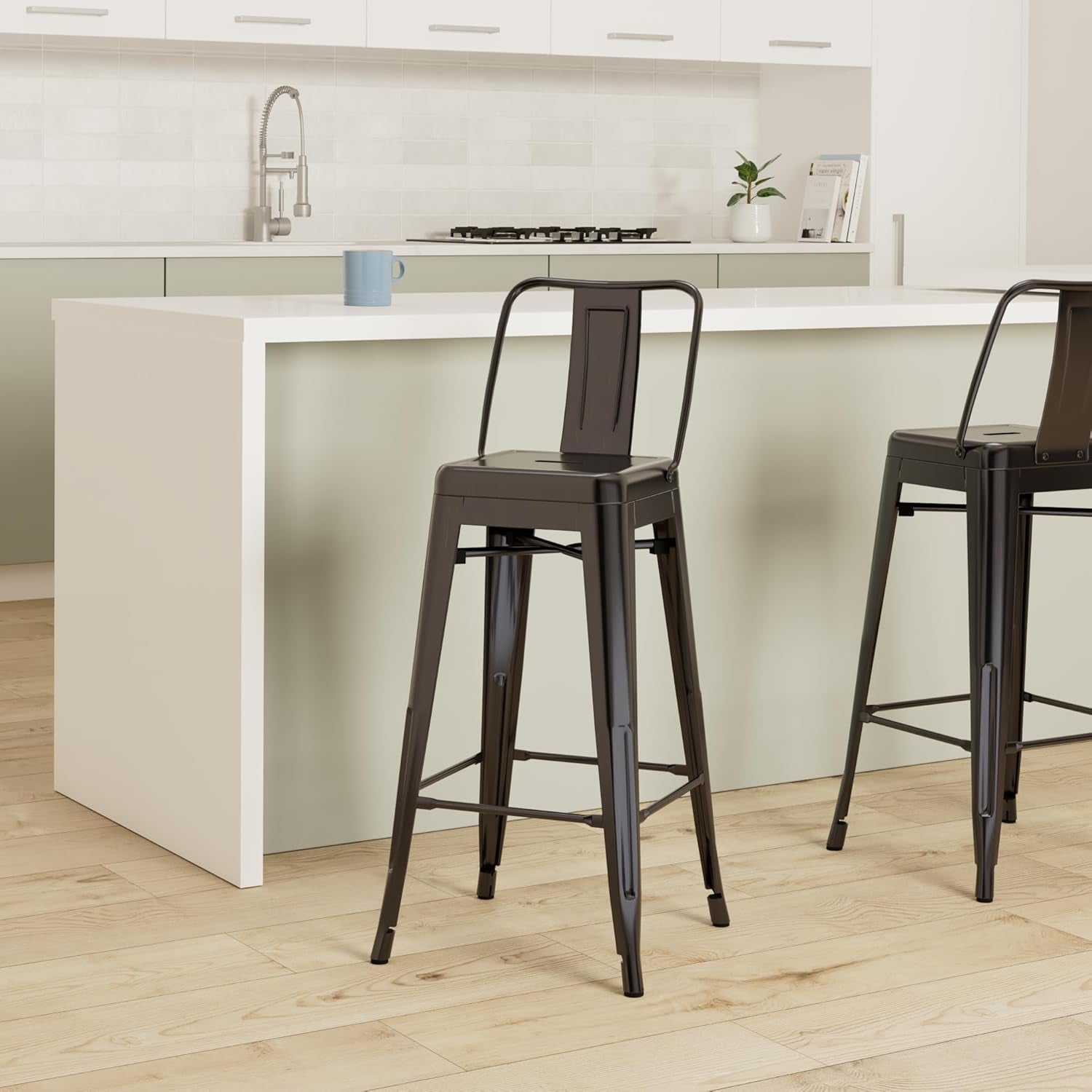 Modern Industrial Metal Bar Stools with Low Back, Matte Finish and Rubber Leg Caps, Kitchen Counter Chairs Set of 2, Contemporary Countertop Accent Seat 30" Seat, Distressed Ebony Black