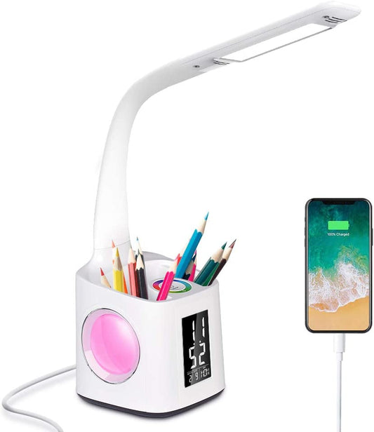 LED Desk Lamp with USB Charging Port&Pen Holder, Study Light with Clock, Kawaii Desk Accessories, Study Lamp for Kids/Girls/Boys,Desk Light for Office/Reading, Colorful Night Light,10W