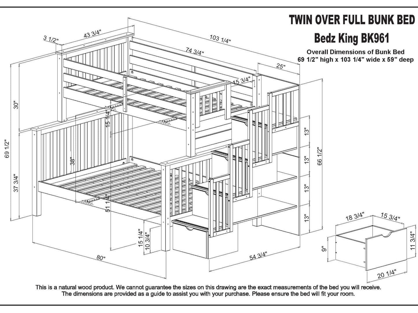 Stairway Bunk Beds Twin over Full with 4 Drawers in the Steps and a Full Trundle, White