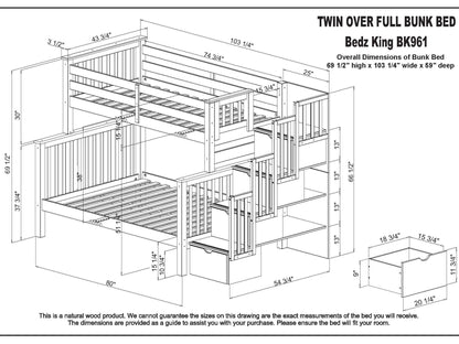 Stairway Bunk Beds Twin over Full with 4 Drawers in the Steps and a Full Trundle, White