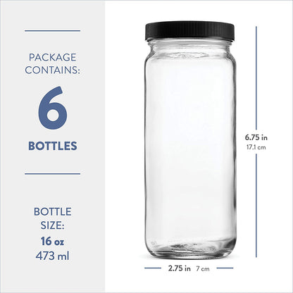 Travel Glass Drinking Bottle Mason Jar 16 Ounce [6-Pack] Plastic Airtight Lids, Reusable Glass Water Bottle for Juicing, Smoothies, Kombucha, Tea, Milk Bottles, Homemade Beverages Bottle,