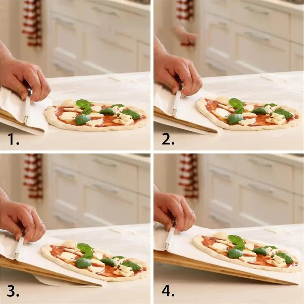 "Non-Stick Sliding Pizza Shovel & Cutting Board - Ultimate Kitchen Gadget for Effortless Pizza Transfer and Storage!"