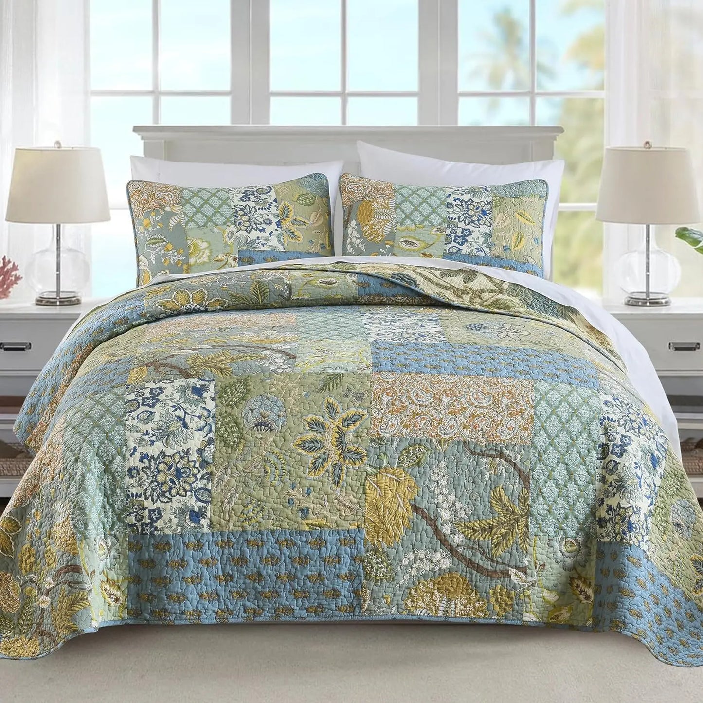 Cotton Bedspread Quilt Sets-Reversible Patchwork Coverlet Set, Green Floral Pattern, Queen Size