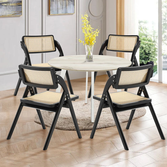 Wood Rattan Dining Chair, Set of 4, Fully Assembled Rubber Side Chair Vintage Cane Folding Chair Mid-Century Accent Armless for Dining Room Kitchen