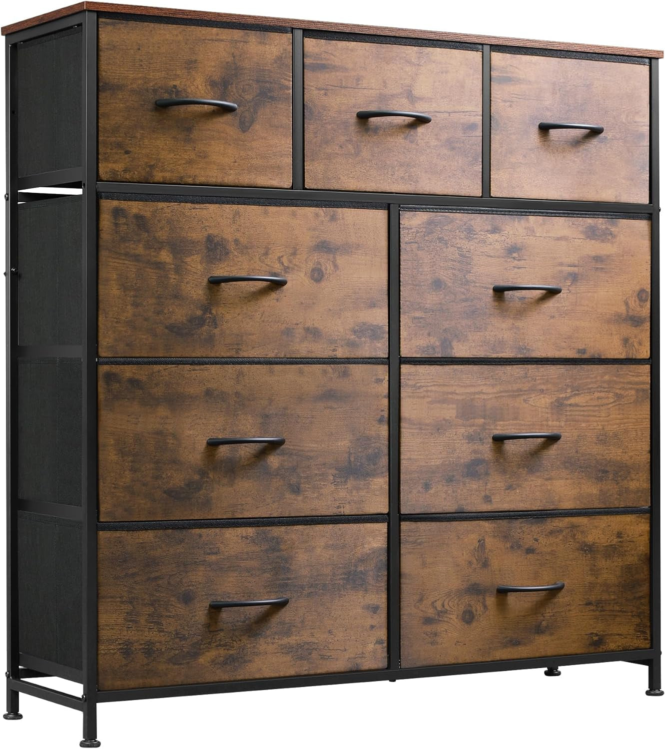 9-Drawer Dresser, Fabric Storage Tower for Bedroom, Hallway, Entryway, Closet, Tall Chest Organizer Unit with Fabric Bins, Steel Frame, Wood Top, Easy Pull Handle, Rustic Brown Wood Grain Print