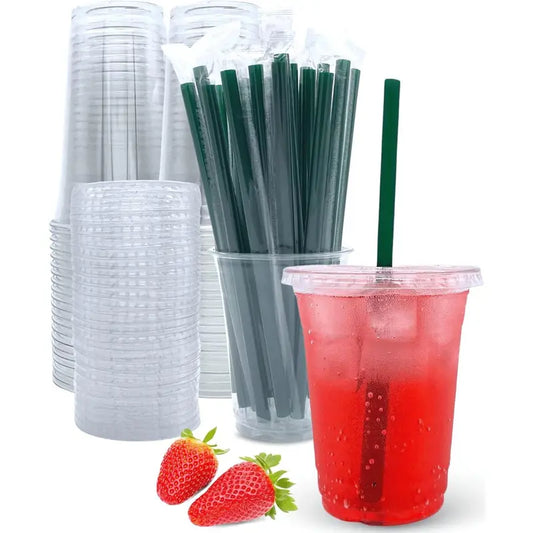 "Premium 20 Oz Clear Plastic Cups with Lids & Straws - 25 Disposable Coffee Cup Sets for On-the-Go Convenience!"