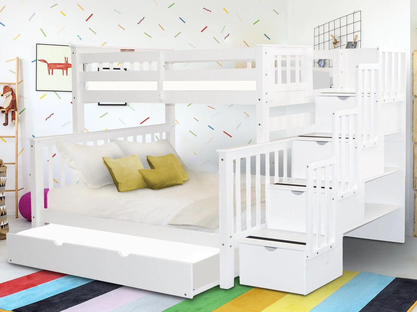 Stairway Bunk Beds Twin over Full with 4 Drawers in the Steps and a Full Trundle, White