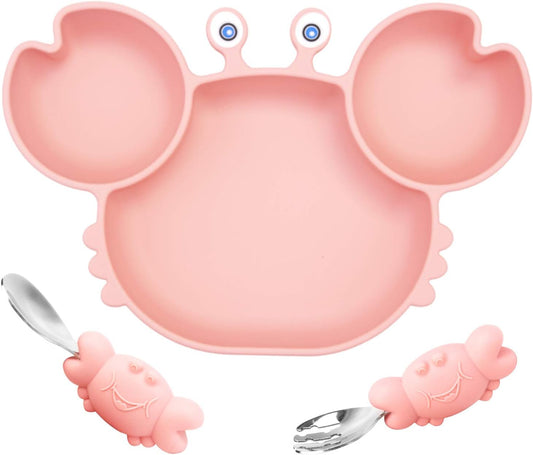 Silicone Suction Plate for Toddlers with Fork Spoon Set - Self Feeding Training Divided Plate Dish and Bowl for Baby and Toddler, Fits for Most Highchairs Trays (Pink)