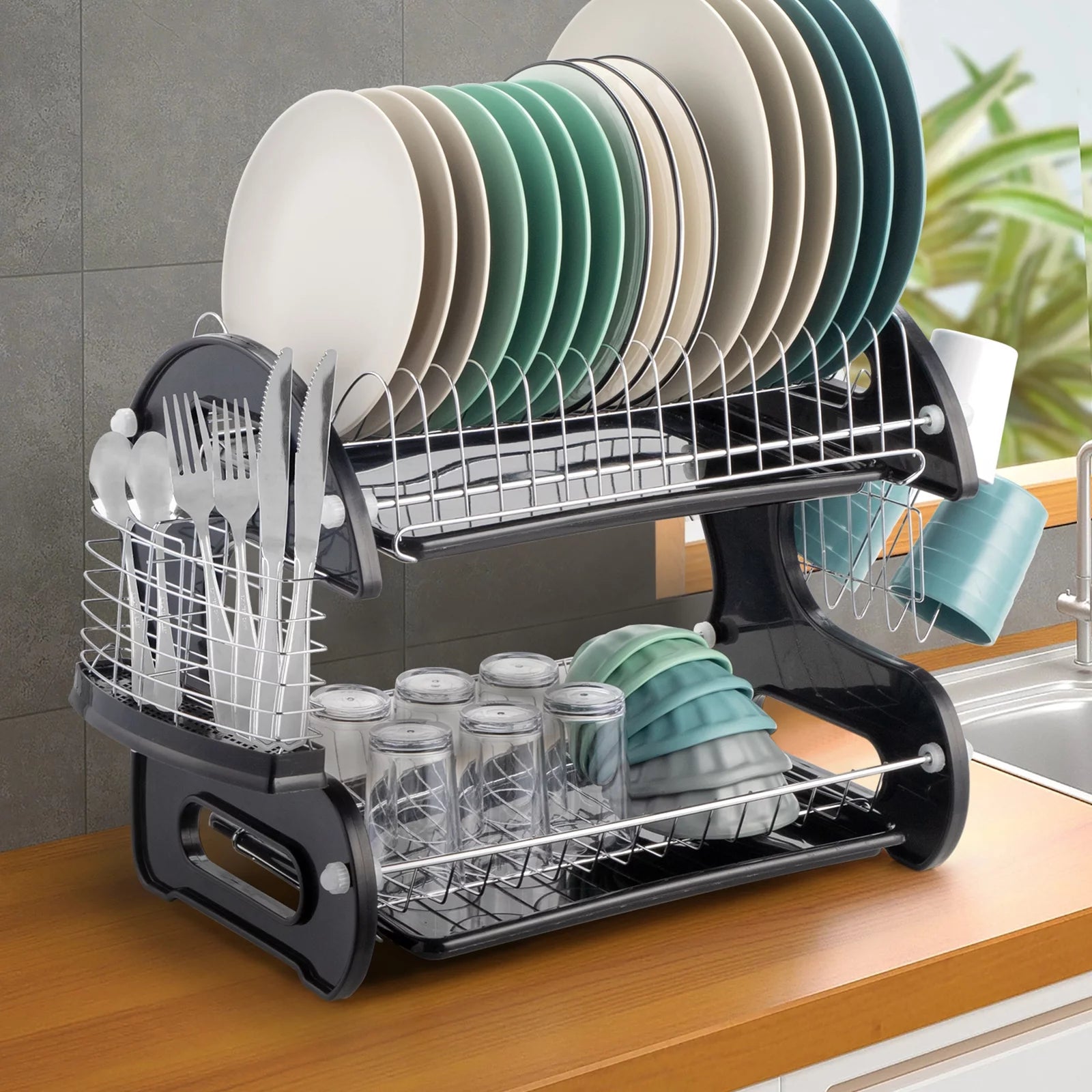 2 Tier Dish Drainer Drying Rack Large Capacity Kitchen Storage Stainless Steel Holder,Washing Organizer - Overall Dimensions: 22.83" X 11" X 14.57" (L X W X H)