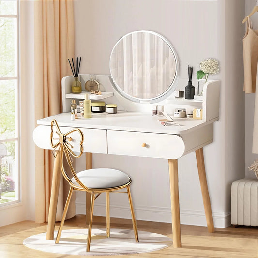 Vanity Table Set with Mirror, Modern Makeup Vanity Dressing Desk with 2 Drawers & 2 Shelves ,White (Without Stool)