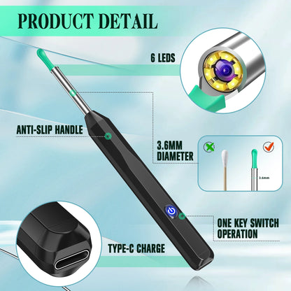 Ear Cleaner with Camera, Earwax Remover Tool, 1296P HD Ear Otoscope with 6 LED Lights, 6 Ear Spoon & 8 Tools Ear Wax Removal Kit for Iphone, Ipad & Android Smart Phone