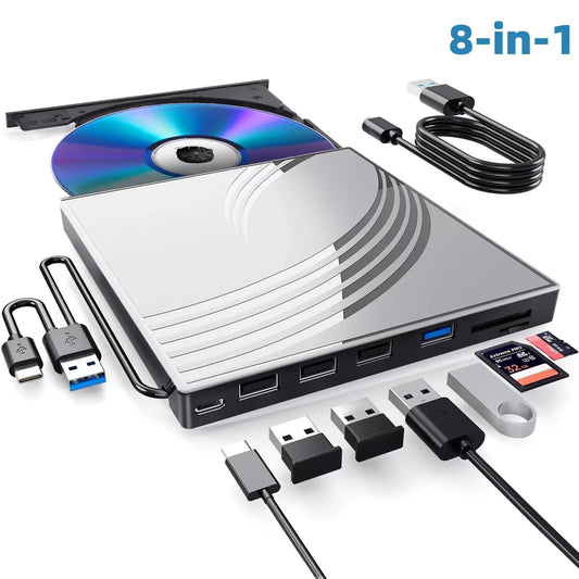 8 in 1 External CD/DVD Drive for Laptop, USB 3.0 Ultra Slim External CD/DVD Player with 4 USB-A Ports, 1 Type-C Port, 2 TF/SD Card Slots, External CD/DVD Burner Compatible with Macos/Windows/Linux