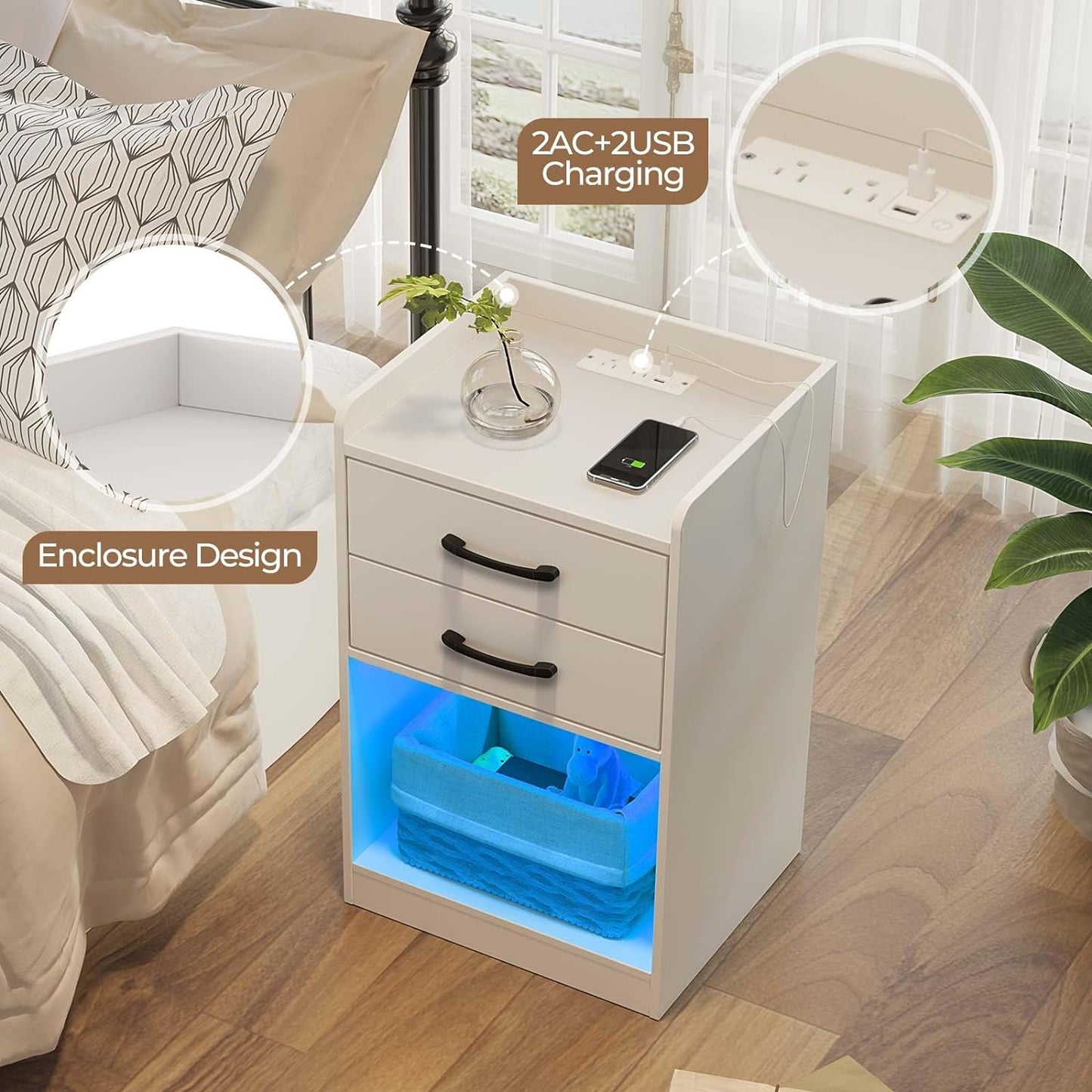 Nightstand with Charging Station and LED Lights, Modern Night Stand with 2 Drawers and Storage Open Compartment for Bedroom, White