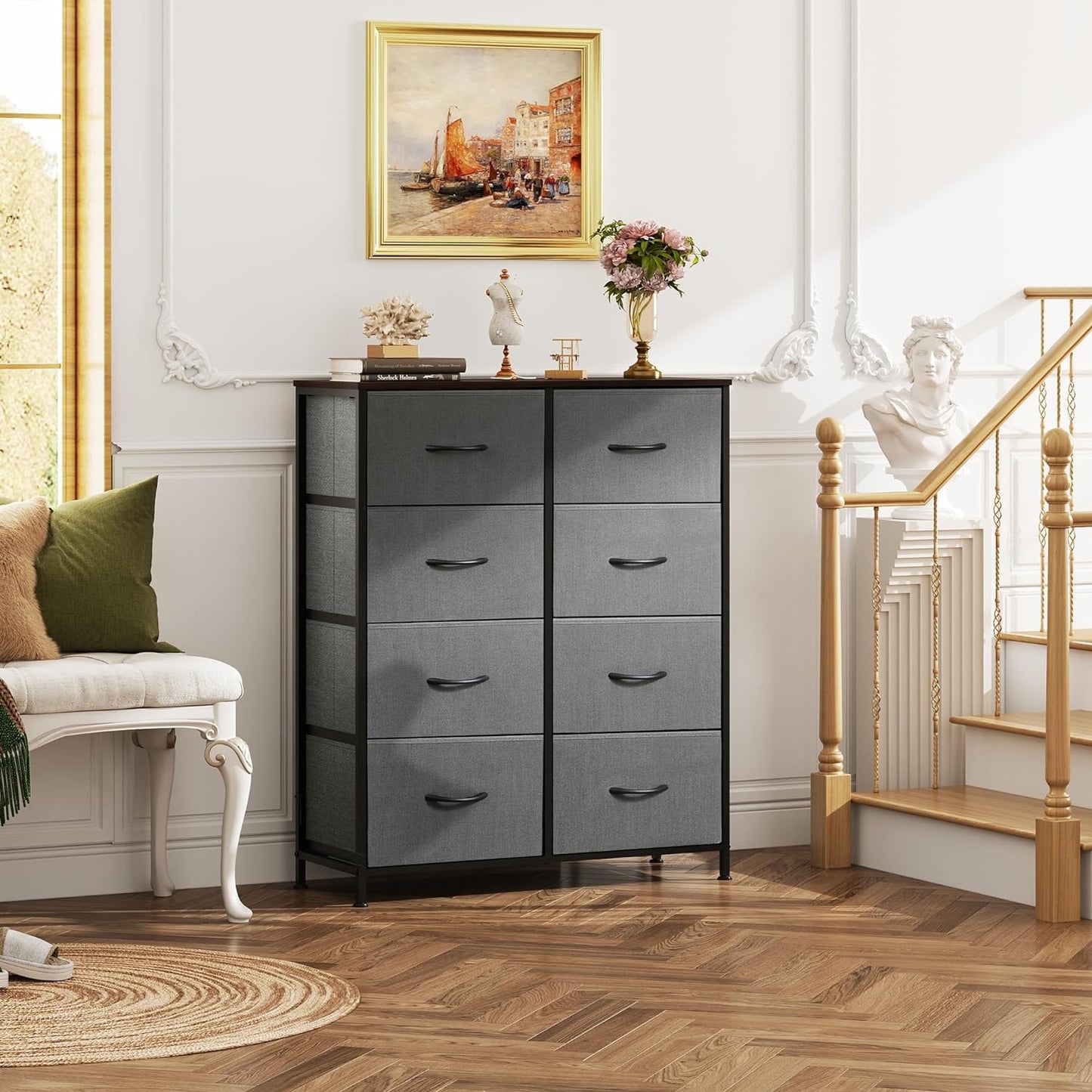 Fabric Dresser for Bedroom, Tall Dresser with 8 Drawers, Storage Tower with Fabric Bins, Double Dresser, Chest of Drawers for Closet, Living Room, Hallway, Dark Gray