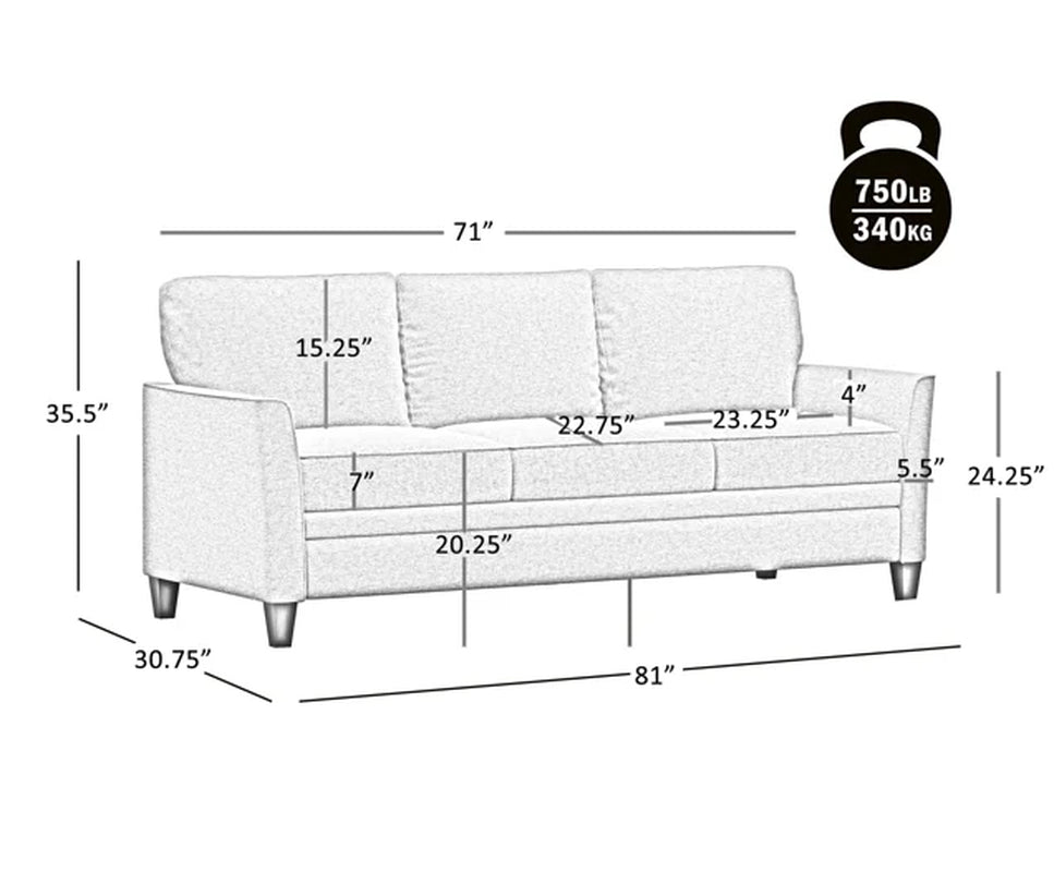 Auden 81" 3 Seat Classic Modern Sofa, Black