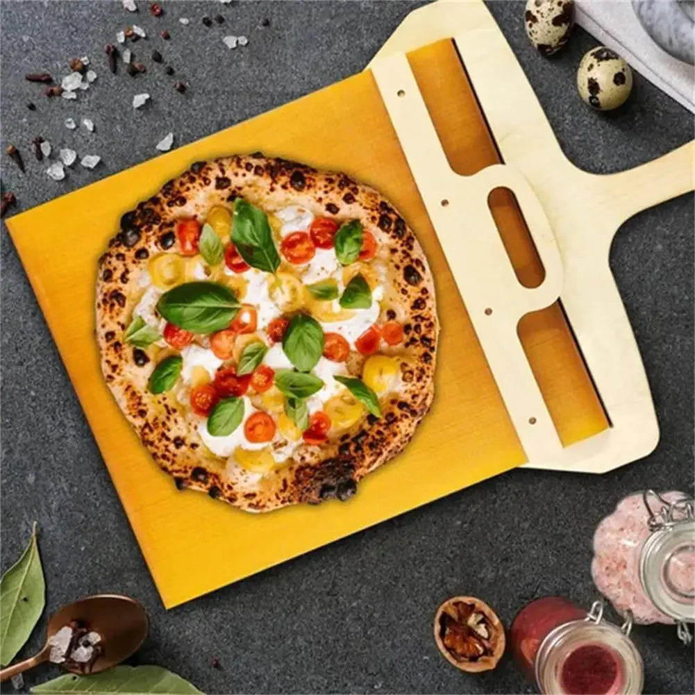 "Non-Stick Sliding Pizza Shovel & Cutting Board - Ultimate Kitchen Gadget for Effortless Pizza Transfer and Storage!"