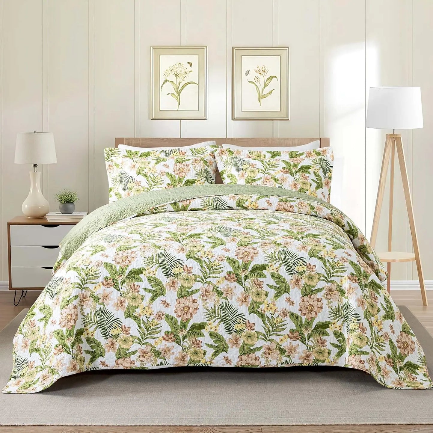 Cotton Bedspread Quilt Sets-Reversible Patchwork Coverlet Set, Green Floral Pattern, Queen Size